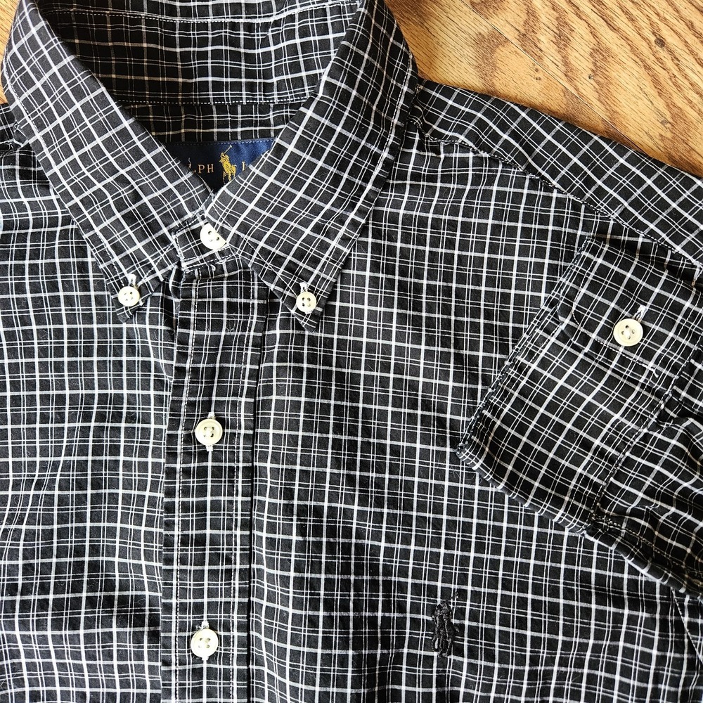 Ralph Lauren M Gingham Black White Check Button Down Long Sleeve Shirt Preppy